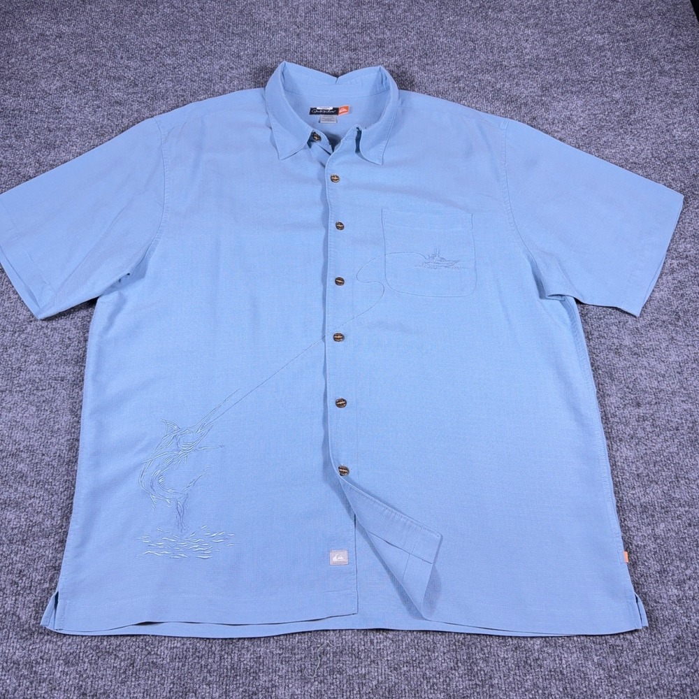 Quiksilver Mens XXL Blue Embroidered Marlin Fishing Boat Short Sleeve Shirt